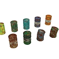 Collection Of Vintage Rusted Oil Drums In Various Colors And Styles