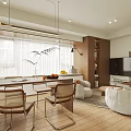 Modern Living Dining Room Interior With Dining Table Chairs Sofa Coffee Table Shelves And TV