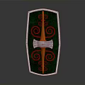 Medieval Shield Weapon With Green Surface Orange Red Spiral Patterns And Silver Metal Centerpiece