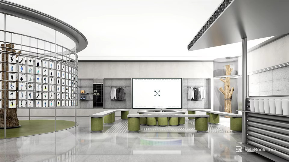 Modern Clothing Store Interior With Circular Glass Structure Display Racks Green Seats And Large Screen 3d model 