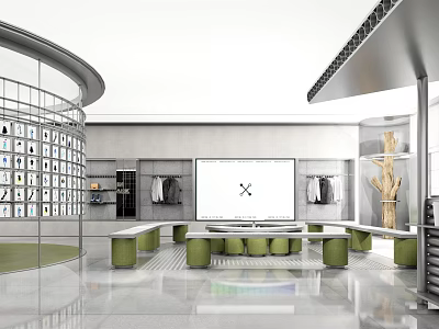 Modern Clothing Store Interior With Circular Glass Structure Display Racks Green Seats And Large Screen 3d model