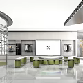 Modern Clothing Store Interior With Circular Glass Structure Display Racks Green Seats And Large Screen