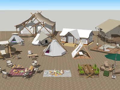 Well Equipped Camping Site With Various Tents Picnic Areas And Leisure Facilities 3d model