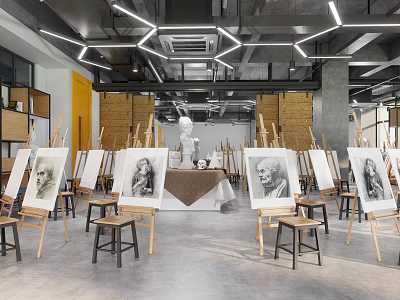 Art Studio For Book Art Featuring Easels With Portrait Drawings And Central Sculpture 3d model