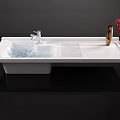 Modern White Washbasin With Flowing Water And Red Flower Vase On Countertop With Curtain View