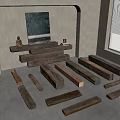 Natural Stone Wood Shelf with Wooden Planks and Decorative Painting by Window on Gray Floor