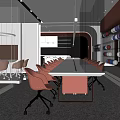 Modern Office Lounge Area With White Long Table Orange Chairs Glass Partitions And Colorful Balls