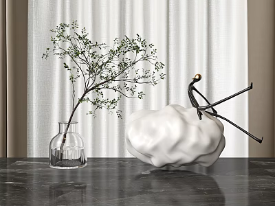 Ornamental Decor Set With Clear Glass Vase Green Leaf Twig White Irregular Black Figure Ornament 3d model