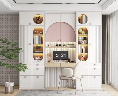 Modern White Bookcase With Arched Design Decorative Lights And Integrated Desk For Home Office 3d model