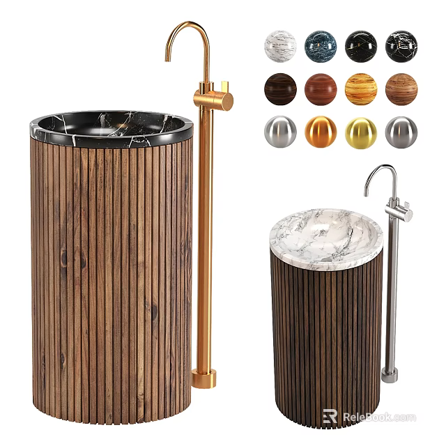 Modern Wooden Striped Washbasin Design With Marble Top Gold Faucet And Color Options 3d model 