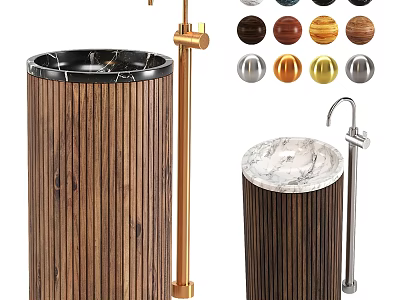 Modern Wooden Striped Washbasin Design With Marble Top Gold Faucet And Color Options 3d model