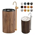 Modern Wooden Striped Washbasin Design With Marble Top Gold Faucet And Color Options
