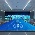 Modern Conference Room with Long Table Blue Surface Laptop and City Night View Large Screen