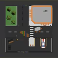 Miniature Urban Landscape Scene Featuring Orange Building Street Trees Traffic Signs And White Car