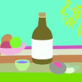 Fresh Peach Wine Bottle and Glass with Ripe Peaches and Green Leaves on Wooden Table