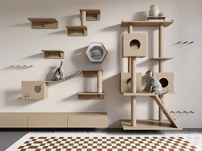 Wooden Cat Wall Furniture With Mounted Shelves Climbing Tower Hooks And Hexagonal Decor 3d model