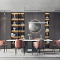 Modern Dining Table Set With Pink Chairs Round Wall Decor And Stylish Shelves Interior 3d model