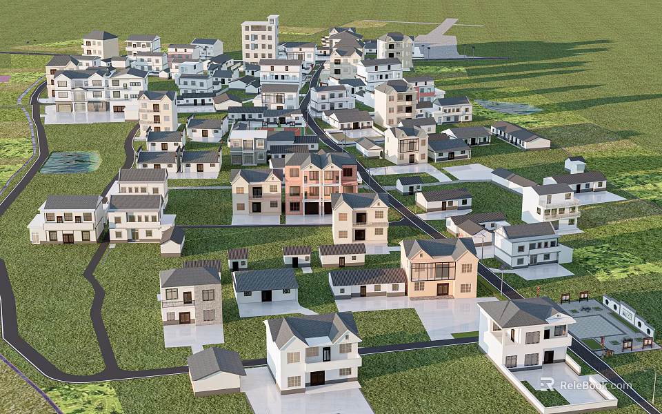 Rural Self Built Houses Aerial View With Various Architectural Designs And Green Community Layout 3d model 
