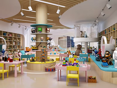 Children's Toy Store Interior With Colorful Tables Chairs Toy Displays And Bookshelves 3d model