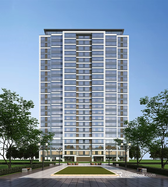 Modern High Rise Residential Building With Glass Facade And Green Surroundings 3d model 