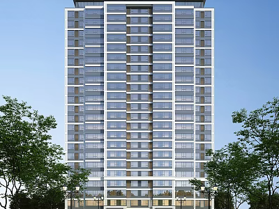 Modern High Rise Residential Building With Glass Facade And Green Surroundings 3d model