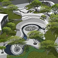 Scenic Landscape Design Featuring Lush Trees Curved Pathway Stones Green Grass And White Flowers