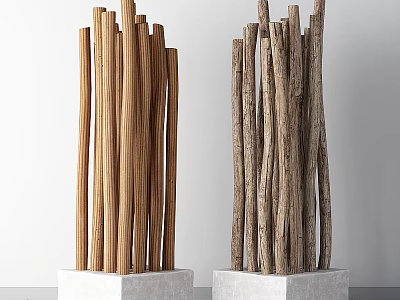 Decorative Ornament Set Featuring Wooden Sticks on White Square Bases with Natural Texture 3d model