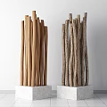 Decorative Ornament Set Featuring Wooden Sticks on White Square Bases with Natural Texture