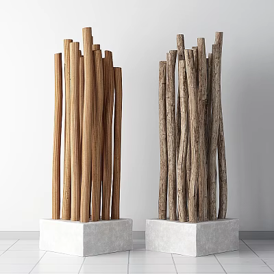 Decorative Ornament Set Featuring Wooden Sticks on White Square Bases with Natural Texture 3d model