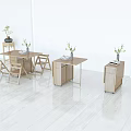 Minimalist Dining Table Set With Wooden Chairs Side Tables And Vases In White Room