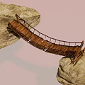 Rustic Wooden Bridge With Rope Railings Connecting Large Rocks Over Fiery Orange Lava
