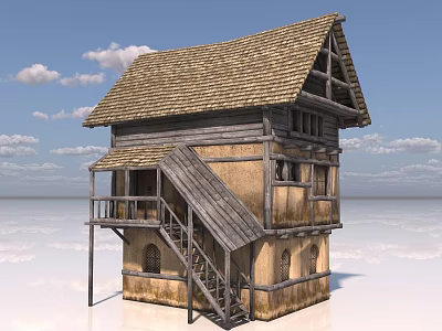 Two Story Wooden House With Wooden Roof Staircase Balcony And Earthen Walls Under Blue Sky 3d model
