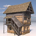 Two Story Wooden House With Wooden Roof Staircase Balcony And Earthen Walls Under Blue Sky