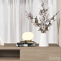 Minimalist Dressing Table with Round Mirror Soft Lighting Bookshelf and Decorative Vase