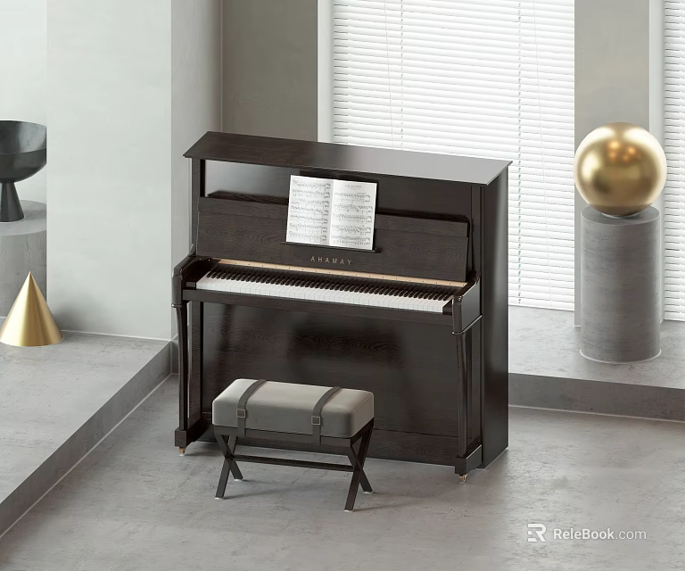 Modern Dark Wooden Piano With Music Sheets And Stool In Elegant Interior Design 3d model 