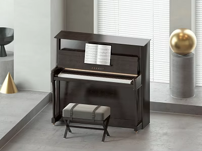 Modern Dark Wooden Piano With Music Sheets And Stool In Elegant Interior Design 3d model