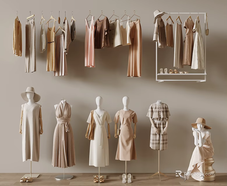 Stylish Clothing Store Fashion Display With Hanging Clothes Mannequins Hats And Shoes 3d model 