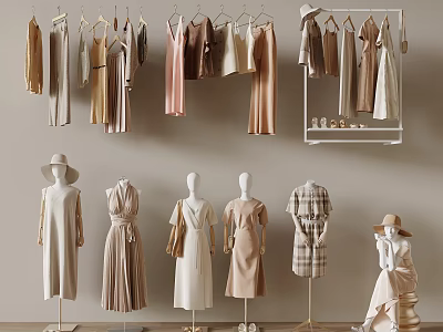 Stylish Clothing Store Fashion Display With Hanging Clothes Mannequins Hats And Shoes 3d model