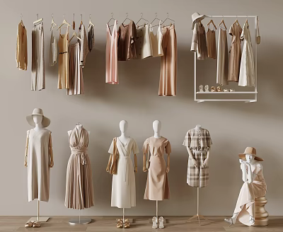 Stylish Clothing Store Fashion Display With Hanging Clothes Mannequins Hats And Shoes 3d model