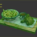 Crispy Fried Chicken Leg With French Fries And Sauce On Wooden Tray