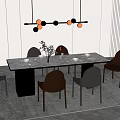 Modern Dining Table Set With Gray And Brown Chairs Tableware Vase And Hanging Pendant Light 3d model