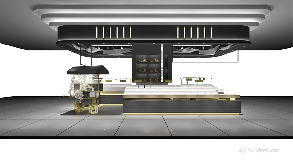 Modern Exhibition Booth Design With Black Gold Lighting And Tiered Display Shelves 3d model 