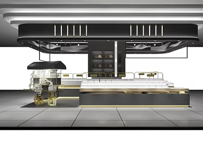 Modern Exhibition Booth Design With Black Gold Lighting And Tiered Display Shelves 3d model