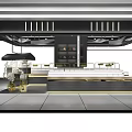 Modern Exhibition Booth Design With Black Gold Lighting And Tiered Display Shelves