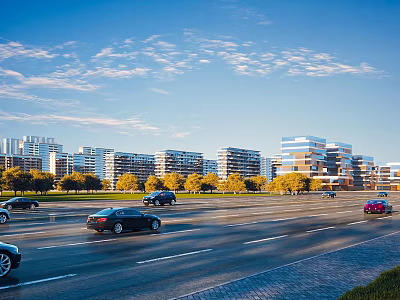 Modern Commercial Street With Modern Buildings Moving Cars And Green Trees Along Road 3d model