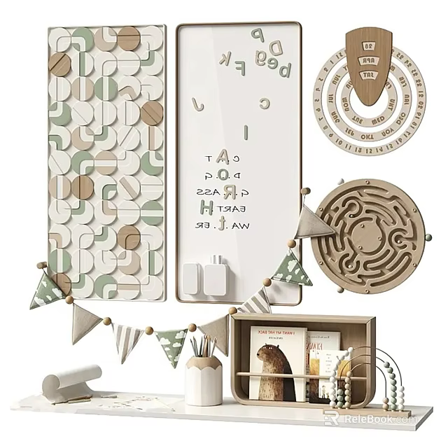 Wooden Decorative Ornament Set With Puzzle Alphabet Whiteboard Maze And Bunting Flags For Kids Room 3d model 
