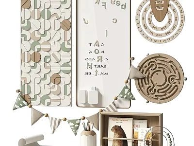 Wooden Decorative Ornament Set With Puzzle Alphabet Whiteboard Maze And Bunting Flags For Kids Room 3d model
