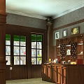 Warm Café Interior Featuring Wooden Pillars Counter Green Windows Wall Art And Decorative Wine Racks