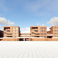 Red Brick Modern School Buildings With Classroom Structures Open Plaza Blue Sky And White Clouds