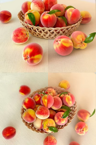 Fresh Ripe Peaches Scattered in Wicker Basket with Green Leaves on Table 3d model Fresh Ripe Peaches Scattered in Wicker Basket with Green Leaves on Table 3d model